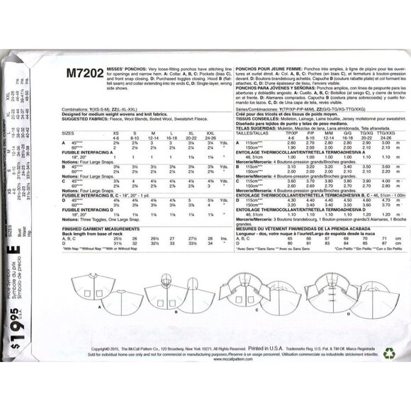 McCall's M7202 Misses XS to M Sweater Wraps and Ponchos Uncut Sewing Pattern - Picture 2 of 2